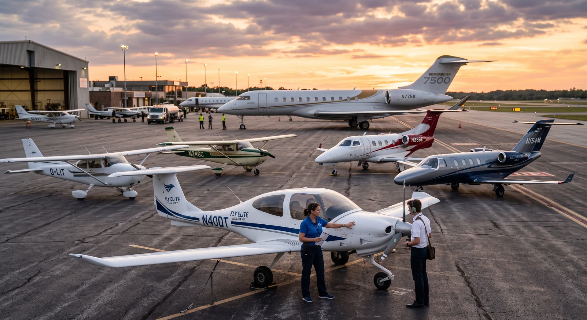 Aircraft fleet and crew on an airport tarmac at sunset